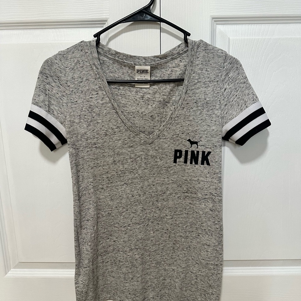 PINK V-Neck T-Shirt with Black and White Stripes
